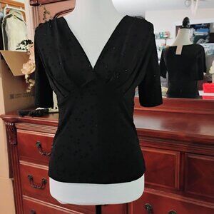 Black Short Sleeve Pleated V-Neck with Embroidered Floral design